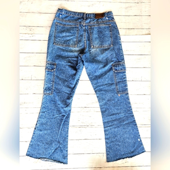Vintage Y2k Zana Di Blue Denim Cargo Pocket Jeans Flare Distressed w/ Tie String - Picture 7 of 13